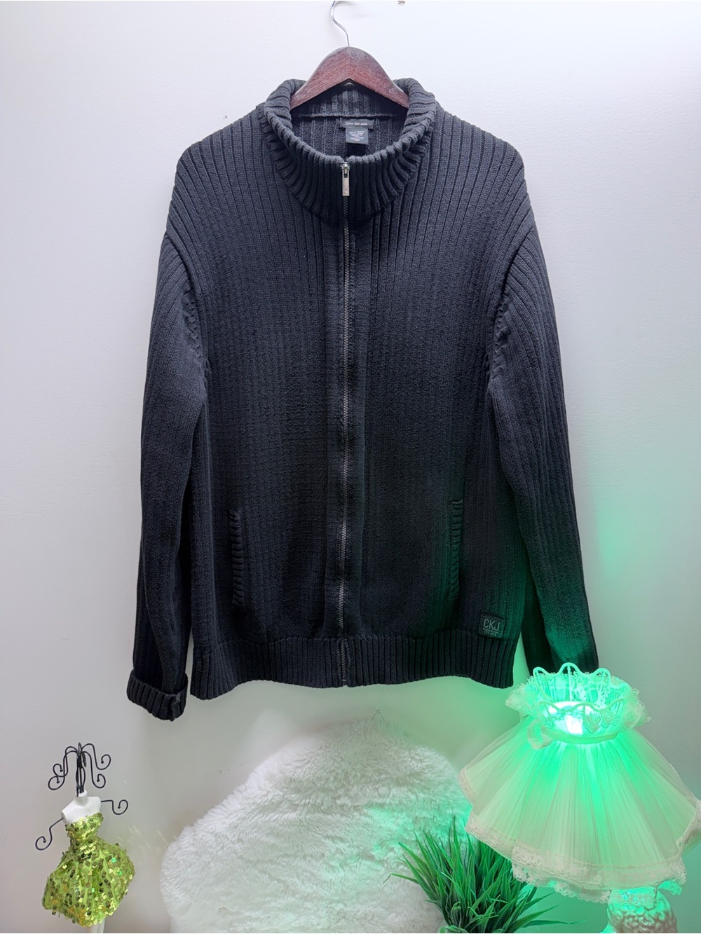 Calvin Klein Black Ribbed Full-Zip Heavy Weight Knit Cottagecore Sweater 🔥